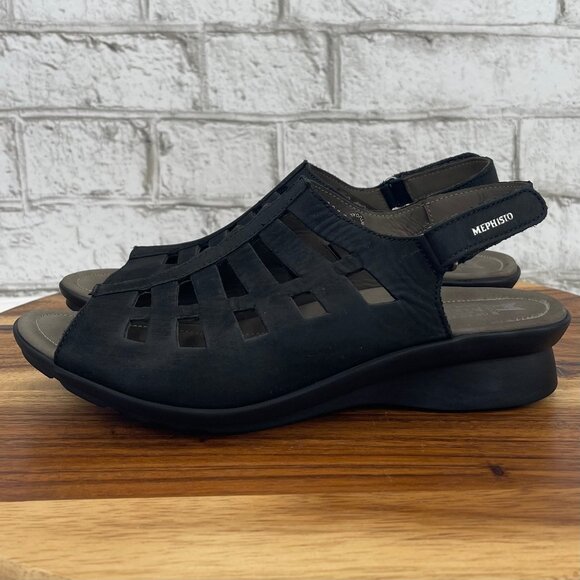 Mephisto Air Relax Womens 7/38 Black Leather Trapezoid Wedge Comfort Sandals - Picture 2 of 13